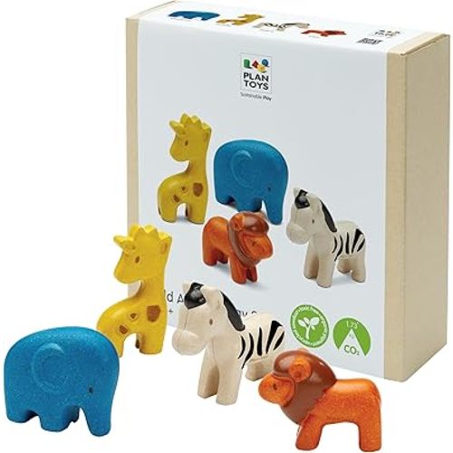PlanToys® Wild Animals Set Wooden Montessori Imaginative and Creative Play Toy | Language, Social Development and Coordination Activity | Eco Friendly Safari Animal Figurine Set
