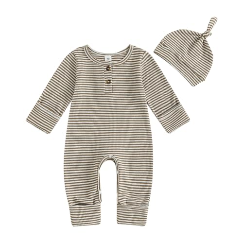 Madjtlqy Newborn Baby Boy Romper Stripe Jumpsuit with Hat Coming Home Outfit Infant Fall Winter Clothes