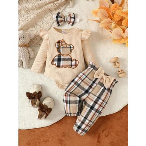 Baby Girl Apricot Ruffle Collar Bear Print Romper & Plaid Bow Long Pants With Headband 3pcs Set, Autumn Winter | SHEIN USA