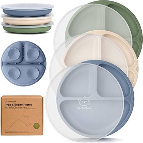 KeaBabies Suction Plates with Lids for Baby - 3-Pack 100% Silicone Suction Plates for Baby, Kids,Toddler Plates,Divided Baby Plates with Suction,Lids, BPA-Free, Microwave, Dishwasher Safe (Slate)