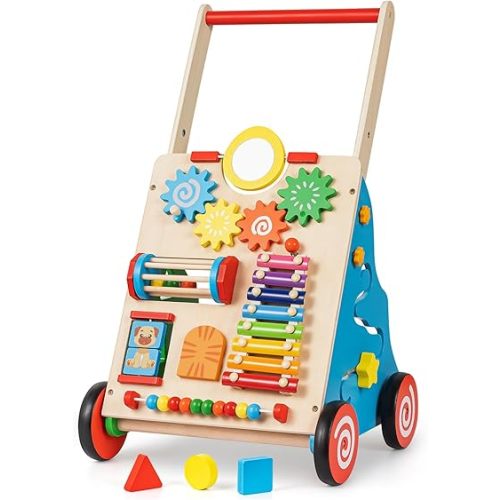 HUZU Wooden Baby Walker with Wheels, Montessori Push and Pull Activity Center for Toddlers, Adjustable Height & Speed, Learning Toy for 6-12 Months 1-3 Years Old Boys and Girls (Rainbow)