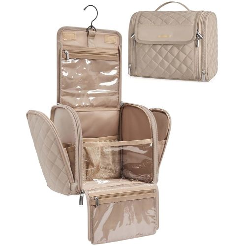 BAGSMART Makeup Bag for Women with Hanging Hook, Large Portable Capacity Water-resistant Organizer Travel Case for Toiletries and Cosmetics, Brown