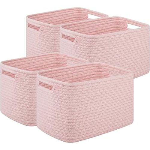 Storage Baskets for Organizing, Woven Decorative Baskets for Shelves - Books, Towels, and Clothes, Cotton Rope Toy Storage Bins, 12.7''Lx9''Wx7.8''H, Pack of 4, Pink