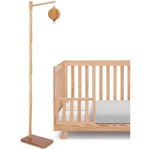 Floor-Standing Crib Mobile Arm with Music Box - 65 Inch Mobile Arm for Crib - 100% Beech Wood - Crib Mobile Motor - Volume Control - 35 Lullabies - Wooden Nursery Decor - Baby Mobile Hanger