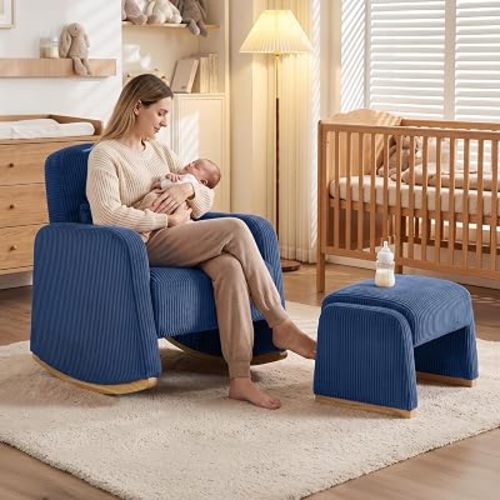 Rocking Chair with Ottoman, Corduroy Nursery Glider Rocker with High Backrest, Accent Reading Chair for Adult,Bedroom,Living Room,Offices,Blue