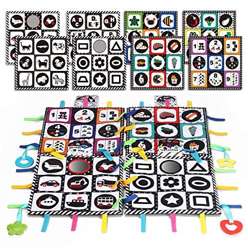 teytoy Tummy Time Floor Mirror, Double High Contrast Play and Pat Activity Mat Black and White Baby Crinkle Toys with Teether, Great Gift for Infants Boys and Girls -Pack of 4