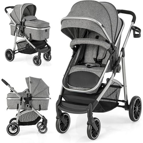 BABY JOY 2 in 1 Convertible Baby Stroller, High Landscape, Reversible Seat, Removable Footmuff, Adjustable Backrest & Canopy, Foldable Infant Pram Stroller, Gray