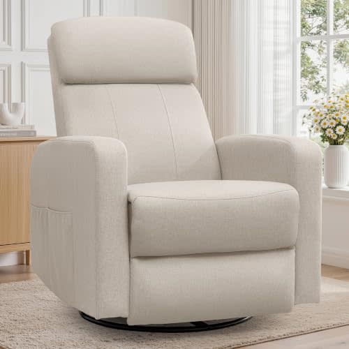 Korser Power Recliner Chair for Adults, Swivel Rocker Recliner with USB Ports, Nursery Rocking Chairs with Side Pockets, Electric Recliner Nursery Glider for Living Room & Nursery, Linen Fabric, Beige