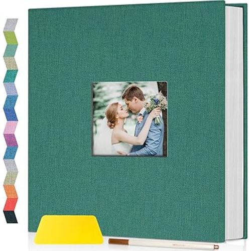 Popotop Photo Album Self Adhesive with Picture Display Window,60 Pages DIY Scrapbook Album for 4x6 10x12 Picture,Linen Cover Memory Book for Baby Wedding, with Scraper and Metallic Pen