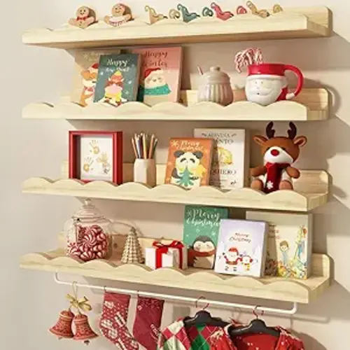 Fixwal Nursery Shelves, 24 Inch Floating Bookshelves for Wall Set of 4, Scalloped Wall Book Shelves with Towel Rack for Kids, Toddler Room, Baby Room, Nursery Decor and Storage(Natural Wood)