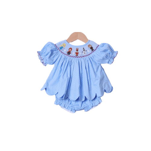 2T Smocked Ice Princess Blue Bitty Dot Bloomer Set