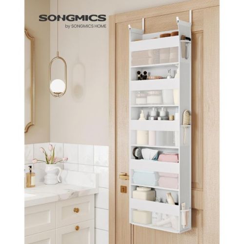 Over The Door Organizer with 5 Pockets, 5-Tier Hanging Storage with Transparent Mesh, Metal Hooks for Pantry Bathroom Bedroom, Cloud White