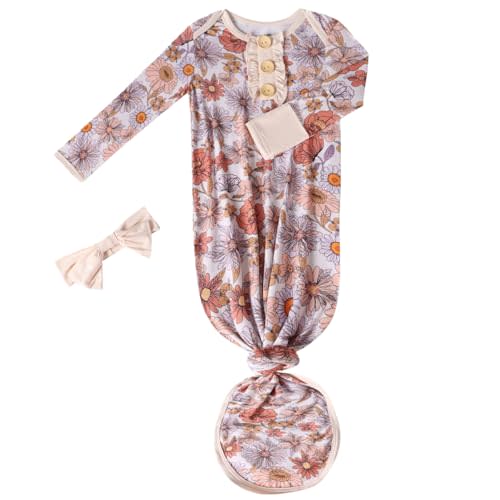 Baby Newborn Knotted Gown, Soft Breathable Viscose from Bamboo for Infant Home Coming Outfit, Knotted Gown with Headband