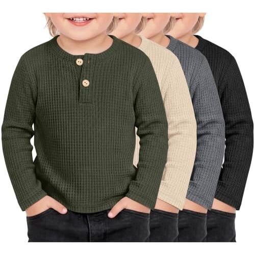 4 Pack Toddler Boys Waffle Long Sleeve Henley Tops