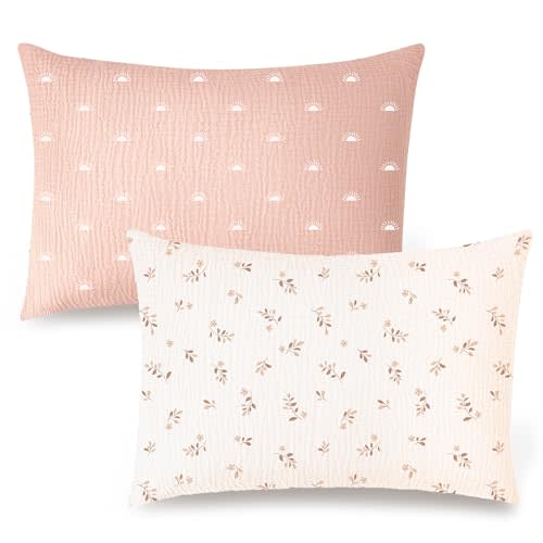 Konssy Muslin Toddler Pillowcase 13"x18", 2 Pack 100% Cotton Toddler Pillow Case for Kids, Boys, Girls, Soft & Snug Fit Baby Pillow Covers with Envelope Closure (Pink Sun,Brown Leaf)