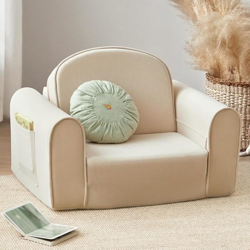 Tiny Land 2-in-1 Foldable Kids Couch with Pocket Soft Thick Toddler Sofa | Convertible Kids Chair for Playroom, Bedroom or Living Room, Cozy & Comfortable, Ideal Gift for Boys & Girls,Beige