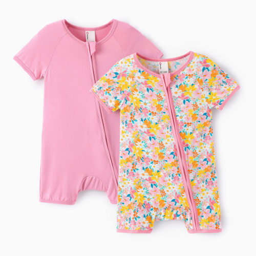 PatPat Baby Clothes Rompers Bamboo Viscose Zip Short Sleeve Baby Gifts Bodysuits Sleepwear 2Pack