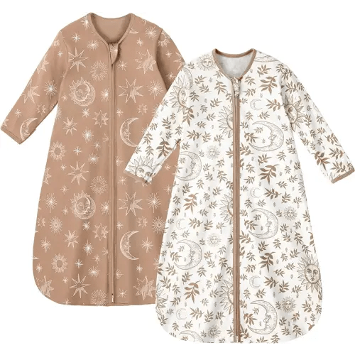 Unnivoll Baby Sleep Sack 0-6 Months 100% Cotton Long Sleeve Wearable Blanket Baby Sleep Bag with 2-Way Zipper 2 Pack 0.5 Tog Sleeping Sack for Newborn Infant
