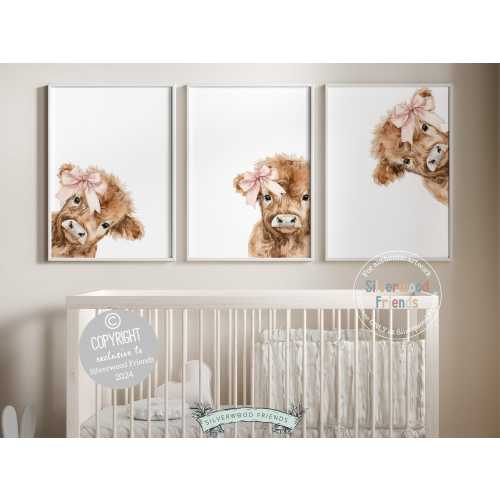 Peeking Highland Cow Nursery Print, Baby Girl Highland Cow Nursery Decor Gift, Baby Girl Farm Bedroom Pink Bow Wall Decor Digital Prints