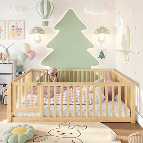 Bellemave Full Size Montessori Floor Bed with 23.5" High Rails, Pine,Plywood Floor Bed with Small Door, Natural