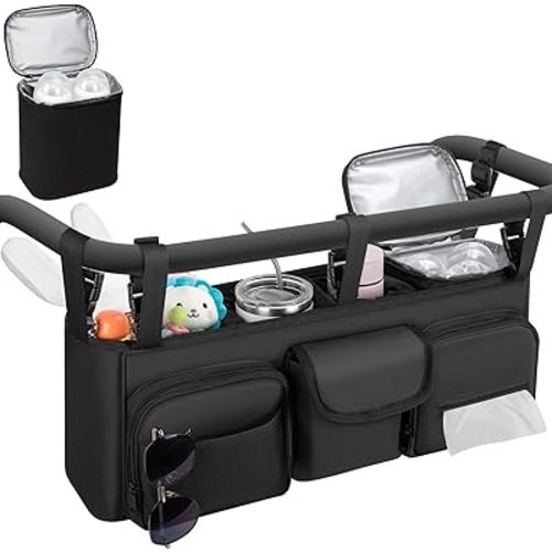 Double Stroller Organizer Compatible with Bob Duallie and Baby Jogger City Mini GT2, Double Baby Stroller Accessories with Cooler Bag, Parent Console Double Jogging Stroller Caddy with Cup Holder