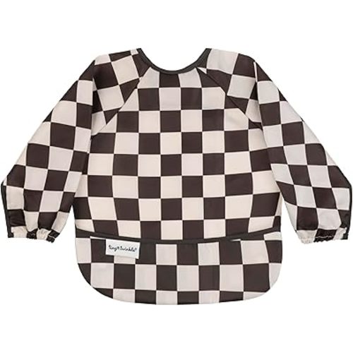 Tiny Twinkle Long Sleeve Bib for Babies & Toddlers – Waterproof Smock Bib for Eating – Machine Washable & Mess-Proof, Baby Feeding Essential & Shower Must-Have(Checkers Black, 6–24M)