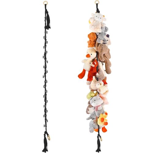 1/2 pcs 80" Cotton Hanging Storage Chain For Stuffed Animals Storage with 20 Metal Clips, Stuffed Animal Organizer Chain for Wall Corner Nursery Play Room, Black