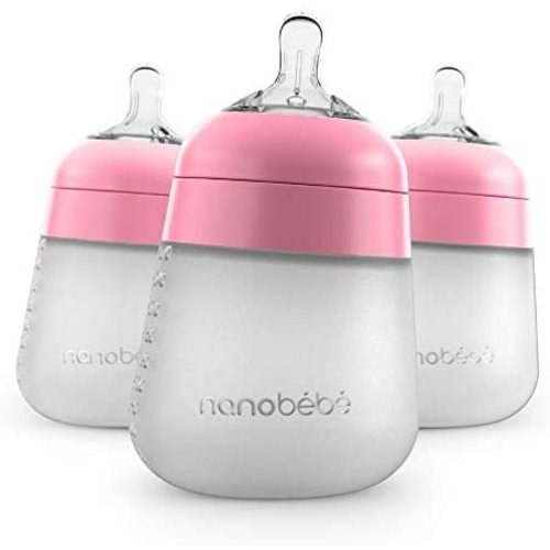 Nanobébé Flexy Silicone Baby Bottle, Anti-Colic, Natural Feel, Non-Collapsing Nipple, Non-Tip Stable Base, Easy to Clean, 3-Pack, Pink, 9oz