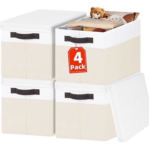 Large Nursery Closet Organizer Bins with Lids 4 Pack - 23 QT Decorative Storage Baskets for Living Room Bedroom Shelf - Stackable Storage Boxes with Lids Handles for Clothes Sweater Book Towel Purse