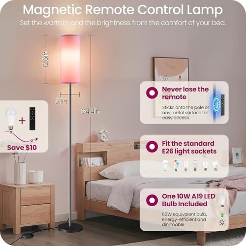 Dimmable Pink Floor Lamp for Living Room with Remote and Foot Switch, Corner Floor Lamp for Bedroom, 64.4" Standing Tall Lamp, 10W 900LM Bulb Included, 3000K-6500K, Linen Shade, FCC Listed P06LD05W1