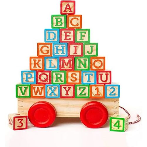 Building Blocks, 30 Large Stackable Wooden Baby Blocks with Alphabet and Number Icons on Every Side, Toy Wagon Included