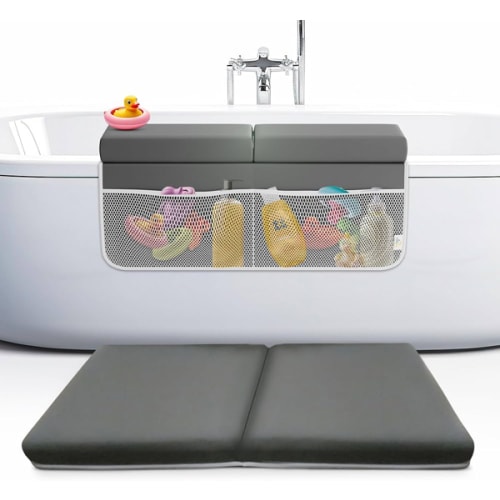 FluffyTub Baby Bath Kneeler and Elbow Rest Pad Set, 2-Inch Thick, Memory Foam, Water-Resistant Mat – Bath Time Essentials Cushion and Bath Kneeling Pad for Bathing Baby with Bathtub Toy Organizer.