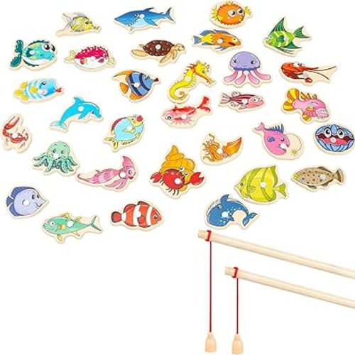 ONEST 34 Pieces Magnetic Fishing Game for Kids Wooden Magnet Fishing Game Wooden Magnetic Toys for Kindergarten Preschool Girl Boy