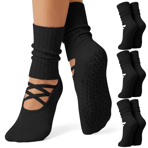 Coume 3 Pairs Pilates Socks with Grips for Women Non Slip Grippers Yoga Crew Socks for Barre Workout