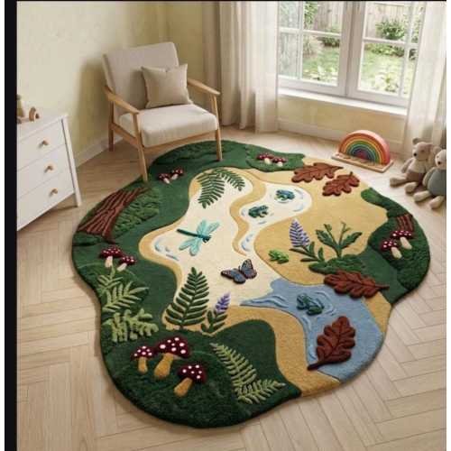 Forest Play Rug,  Handmade Tufted Wool Kids Nursery Carpet,  Woodland Nature Decor  Pond Animal Area Mat