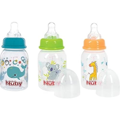 Nuby Printed 4 Ounce Non-Drip Bottle, 3 Pack - Aqua, Orange, Green