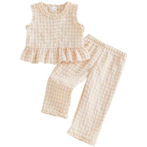 Thorn Tree Girls Summer Outfits Ruffle Sleeve Button Up Dress Tops Plaid Linen Pants Spring Toddler Girl Clothes