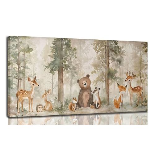 Woodland Animal Nursery Canvas Wall Art Wild Animals Forest Paintings Pictures Wall Decor Fox Bear Deer Watercolor Poster Print Artwork for Boys Room Girls Room Home Decoration （Framed）