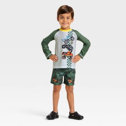 Toddler Boys' Monster Jam Long Sleeve Rash Guard Set - Olive Green
