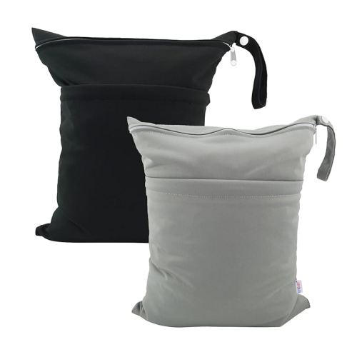 ALVABABY Wet Dry Bags with Two Zippered Pockets Waterfroof Reusable Bag for Swimsuits Wet Clothes Travel Beach Pool Daycare Soiled Baby Items Diaper Yoga Gym Black Grey