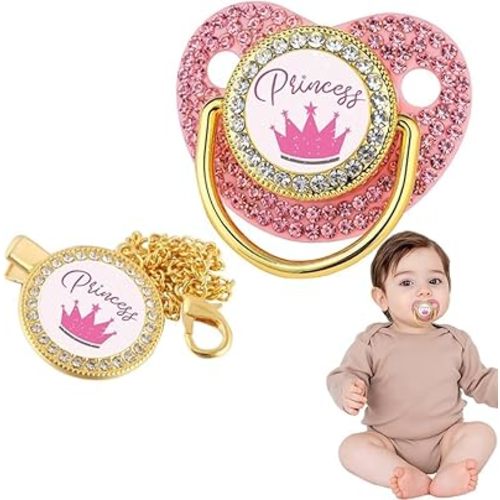 Bling Diamond Pacifier with Chain Clip Set Luxury Newborn Princess Pacifier Chain Pink Rhinestones Soother Baby Gift