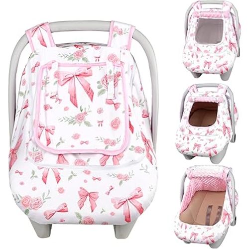 Car Seat Cover Baby Girls Winter, Dual Zipper Infant Carseat Covers with Breathable Mesh, Universal & Warm Protection Canopy Snug Fit Baby Carseats & Strollers, Pink Rose