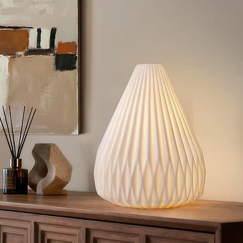 RONDURE 9.1" Modern Ceramic Table Lamp, Fully Dimmable Modern Bedside Lamps for Bedroom, Living Room and Nightstand, White Translucent Ceramic Shade, Warm Ambient Lighting, Corded, Bulb Included