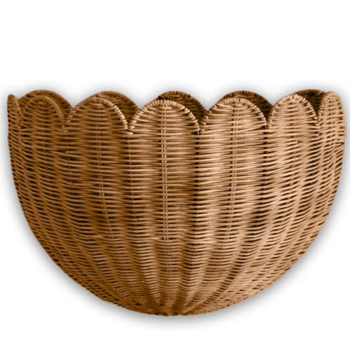 BEBE BASK Scalloped Wicker Wall Basket - The Original - 16 x 10 x 7 In | Handwoven Basket, Scalloped Décor Wall Hanging Baskets, Hanging Wall Basket, Rattan Wall Storage Basket for Home (Mocca)