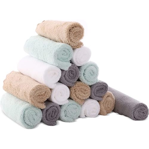 Cute Castle Ultra-Soft Baby Washcloths, 16 Pack - 9" by 9", Gentle on Sensitive Skin for Face and Body, Plush, Super Absorbent Wash Clothes for Girls and Boys,White+Brown+Grey+Sage Green