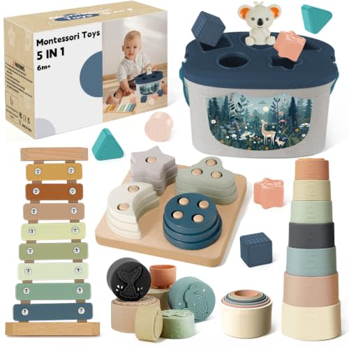 Montessori Toys for 6+ Month Old, Baby Toys for 6-12 Months Boys Girls Gift | Stacking Toys, Sensory Baby Blocks, Shape Sorter, Stacking Cups, Infant Developmental Learning Skills, Gift Set for 6-7-9-12M