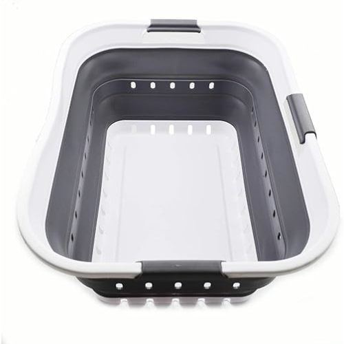 SAMMART 42L (11 gallon) Collapsible Plastic Laundry Basket - Foldable Pop Up Storage Container/Organizer - Space Saving Hamper/Basket (1, White/Dark Grey)