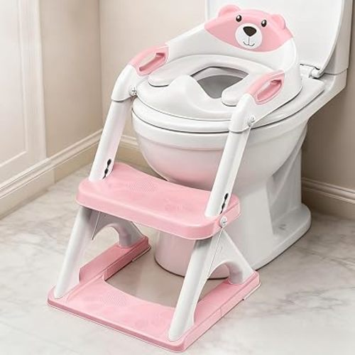 SKYROKU Potty Training Seat for Toddlers – 2-in-1 Adjustable potty ladder with Step Stool, Anti-Slip Cushion, Splash Guard & Extra-Wide Pedals, Supports 200+ lbs, Ideal for Boys & Girls (8899-Pink)