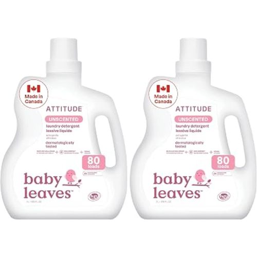ATTITUDE Baby Laundry Detergent, Unscented HE Compatible Liquid, Extra Gentle, Concentrated, EWG Verified, Dermatologist Tested, Vegan, 80 Loads, 2 Liters (Pack of 2)