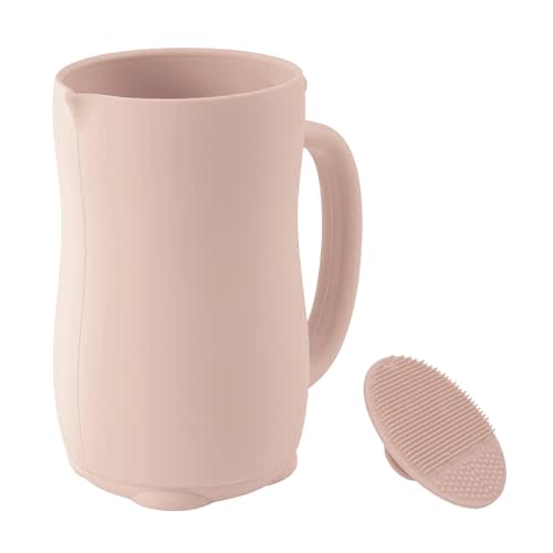 mandoo Baby Bath Rinse Cup - Food Grade Silicone - Shampoo & Body Washing Rinser Cup for Kids with Easy Grip Handle to Rinse Baby Shampoo and Soap - Baby Essentials (Beige+Brush)